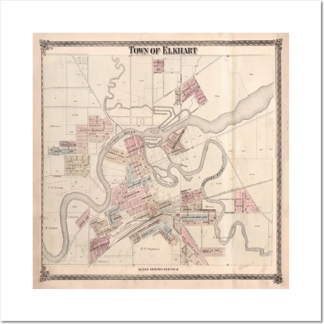 Old Elkhart IN Map (1874) Vintage Old Hart City Indiana City & Street Atlas Wall Art by Bravuramedia